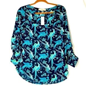 Ann Taylor LOFT Peacock Print Long Sleeve Blouse, Navy Blue/Teal Sz XS, NWT